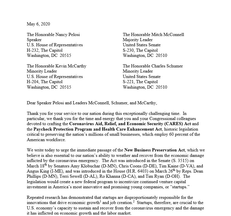 To lead the post-#Covid recovery, #startups must survive the crisis.  That's why CAE and nine other #entrepreneurship and #SmallBusiness organizations sent a letter to Congressional leadership urging the swift passage of the New Business Preservation Act. startupsusa.org/wp-content/upl…