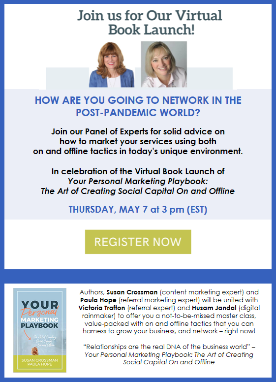 PaulaAHope's tweet photo. We are hosting a #VirtualBookLaunch today at 3 pm with a panel discussion on How are you Going to #Network in the Post-Pandemic World?   

Register at https://t.co/spQIWZOJtq 

#personalmarketing #referralmarketing #booklaunch https://t.co/Qfxyz2l3jG