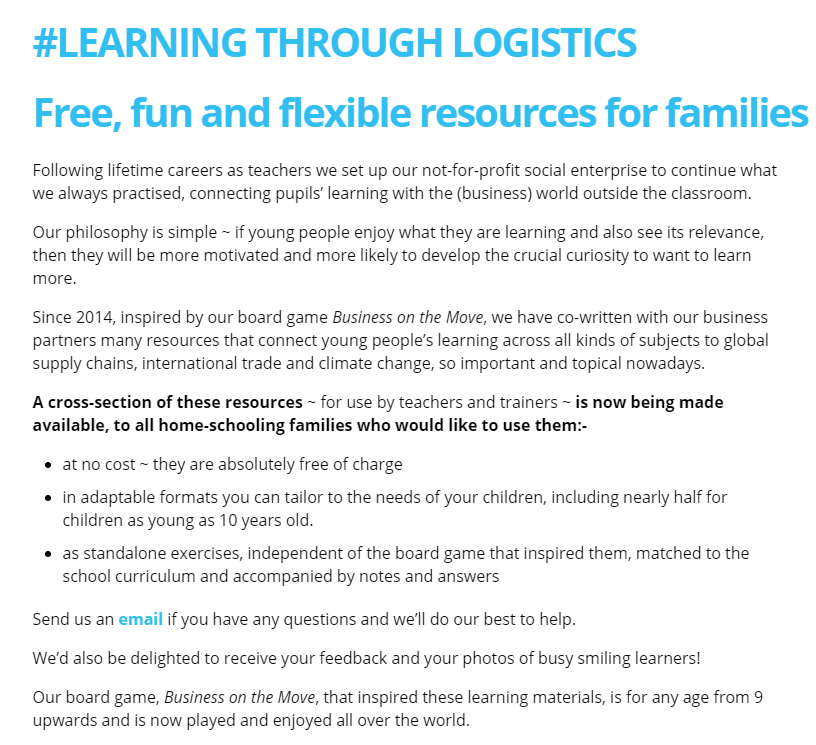 bizonthemove's tweet photo. We are delighted to launch the new-look website at https://t.co/Cn6uaXBSDA! There's 16 'Family' resources for home schooling, too, providing parents with the opportunity to connect their own careers to the learning of their children!
#LearningThroughLogistics #ILoveLogistics https://t.co/KWdBrQfpZd