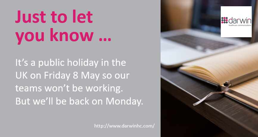 DarwinHealthCom's tweet photo. Hope you're staying safe in these strange times. Unrelated to COVID-19 of course, the UK's early May public holiday is on Friday 8 May this year, so our teams won't be working tomorrow. For those clients and colleagues in the UK, hope you have a great long weekend! #medcomms https://t.co/yK44cBWFxj