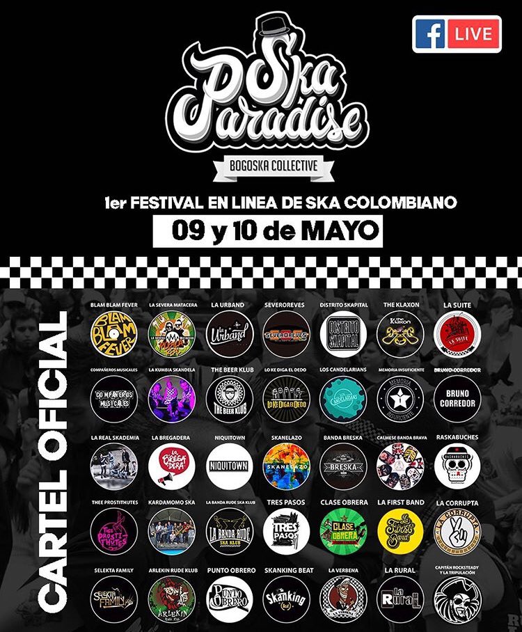 Queremos invitarlos a que nos acompañen este fin de semana al #SkaParadise un festival on-line lleno de bandas nacionales muy talentosas. Va a ser transmitido por el fb live de Bogoska Collective #QuedateEnCasa #LaCorrupta #Ska #LaBandaMasCo 🤞🏼🔥