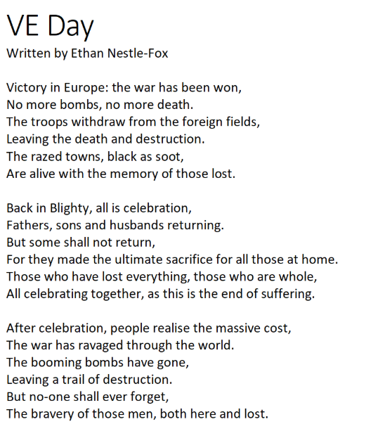 RanelaghEnglish's tweet photo. Year 9 students have been busy writing poems to commemorate the 75th anniversary of VE Day tomorrow. The standard was very high all round, but here are some of the best! @veday75official #VEDay75 #WEWILLmeetagain https://t.co/nSRDcghlGm