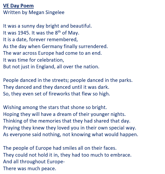 RanelaghEnglish's tweet photo. Year 9 students have been busy writing poems to commemorate the 75th anniversary of VE Day tomorrow. The standard was very high all round, but here are some of the best! @veday75official #VEDay75 #WEWILLmeetagain https://t.co/nSRDcghlGm
