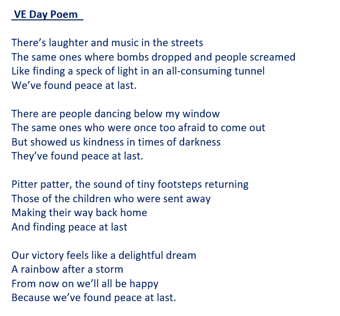 RanelaghEnglish's tweet photo. Year 9 students have been busy writing poems to commemorate the 75th anniversary of VE Day tomorrow. The standard was very high all round, but here are some of the best! @veday75official #VEDay75 #WEWILLmeetagain https://t.co/nSRDcghlGm