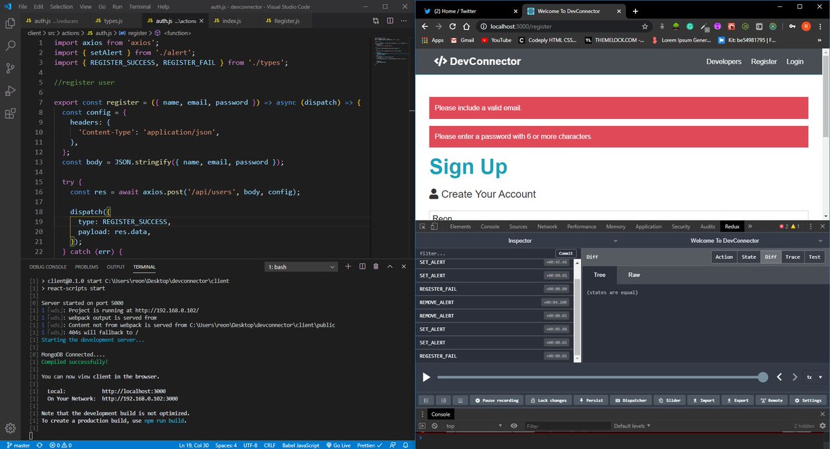 reonsparow's tweet photo. D10 of #100DaysOfCode - implemented redux for authentication and registering users. https://t.co/aH7iTo2pvj