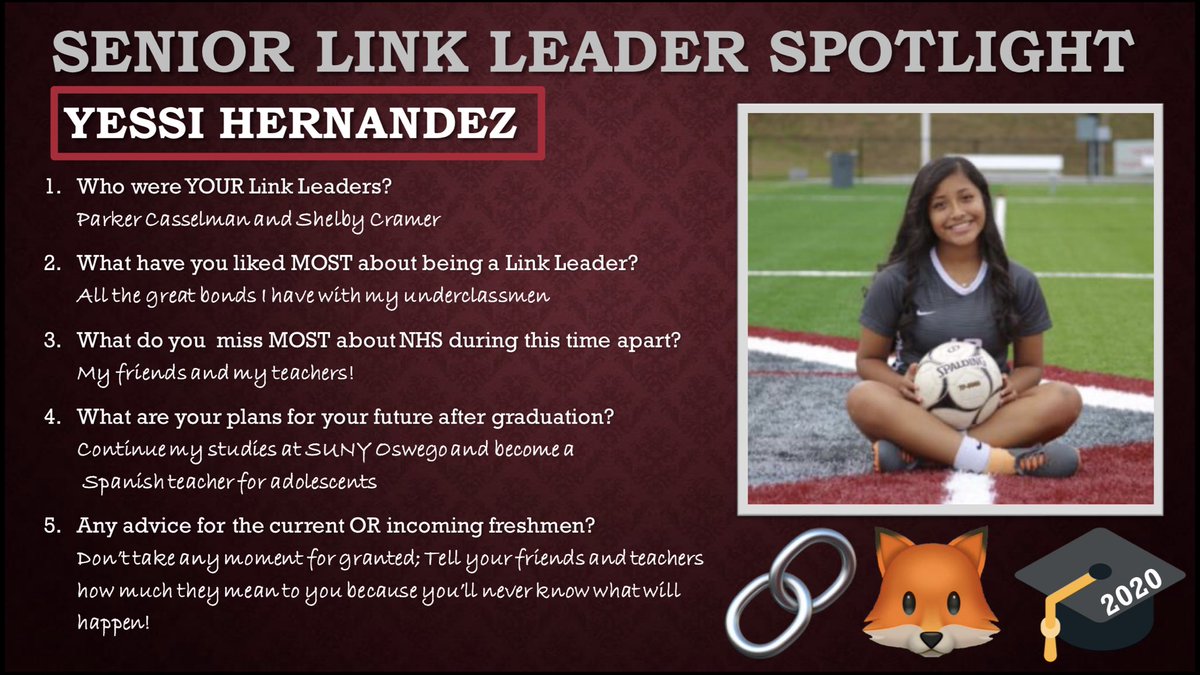MrsChelseaFladd's tweet photo. #NHSLC wants to honor our Senior Link Leaders w/ Spotlights!
Today’s Senior is ✨@YessemiliH ✨
This was her 2nd yr as an LL and we will truly miss her devotion, sass, & love for the freshies in the program next year🔗🦊🎓 #ChooseJoyNCSD #Classof2020 @Mrs_J_Johnson7 @Newark_HS https://t.co/B0UEDkjwFC