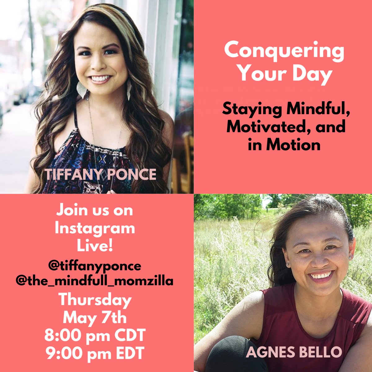 TiffanyPonce's tweet photo. Excited to interview my dear friend, fellow nurse, entrepreneur, &amp; supermama Agnes Bello on Instagram Live tonight! Sharing her story of being “The Mindfull Momzilla” &amp; how she stays mindful, motivated, &amp; in motion to conquer each day! Join us at 8pm CDT! 💖💪🏼💫 IG: @tiffanyponce https://t.co/99ETm7wQvN