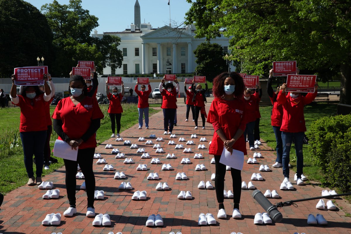 NationalNurses's tweet photo. Union RNs placed shoes outside the White House, each pair representing a nurse lost due to insufficient PPE during #COVID19.
 
Put yourself in their shoes. 
Honor the fallen. 
And fight like hell for the living. 

Call Congress NOW and demand they #ProtectNurses: (202) 335-6015 https://t.co/yPtFbB91Fh