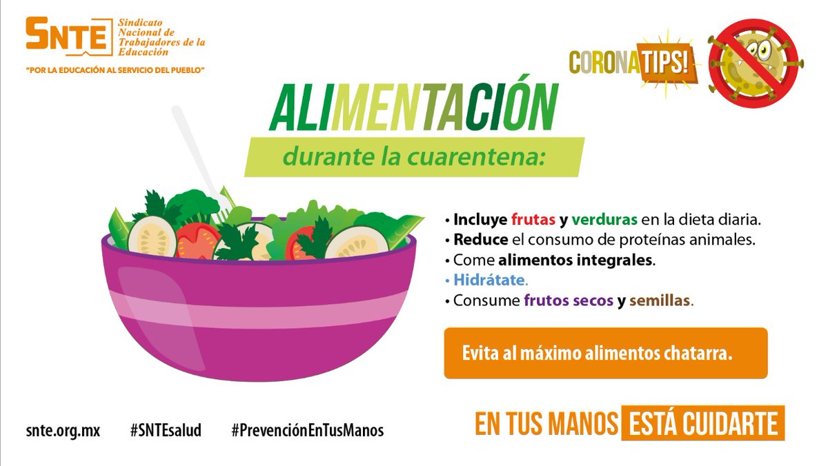 #SNTEsalud ⚕ 

🤸 Mente sana 🧘‍♀️ en cuerpo sano  🚴‍♀️ Aprovecha y haz una #cuarentena de 💯 ✅ con estos #CoronaTips 💡 y sácale provecho a la #Fase3 #Coronavirus 🦠 Si estás acompañado mantén #SanaDistancia 

#QuedateEnCasa y come frutas y verduras 🍎🥬🍊🥦
