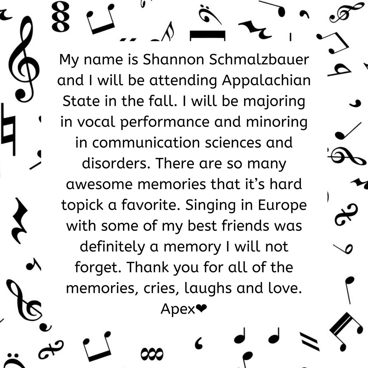 AhsChorus's tweet photo. Our next senior is Shannon! Thank you Shannon for being such a strong and anazing leader in chorus for these past 4 years and while being a TA in the spring. We know you will do amazing things and we will miss you! https://t.co/j2Q9JoLNwR