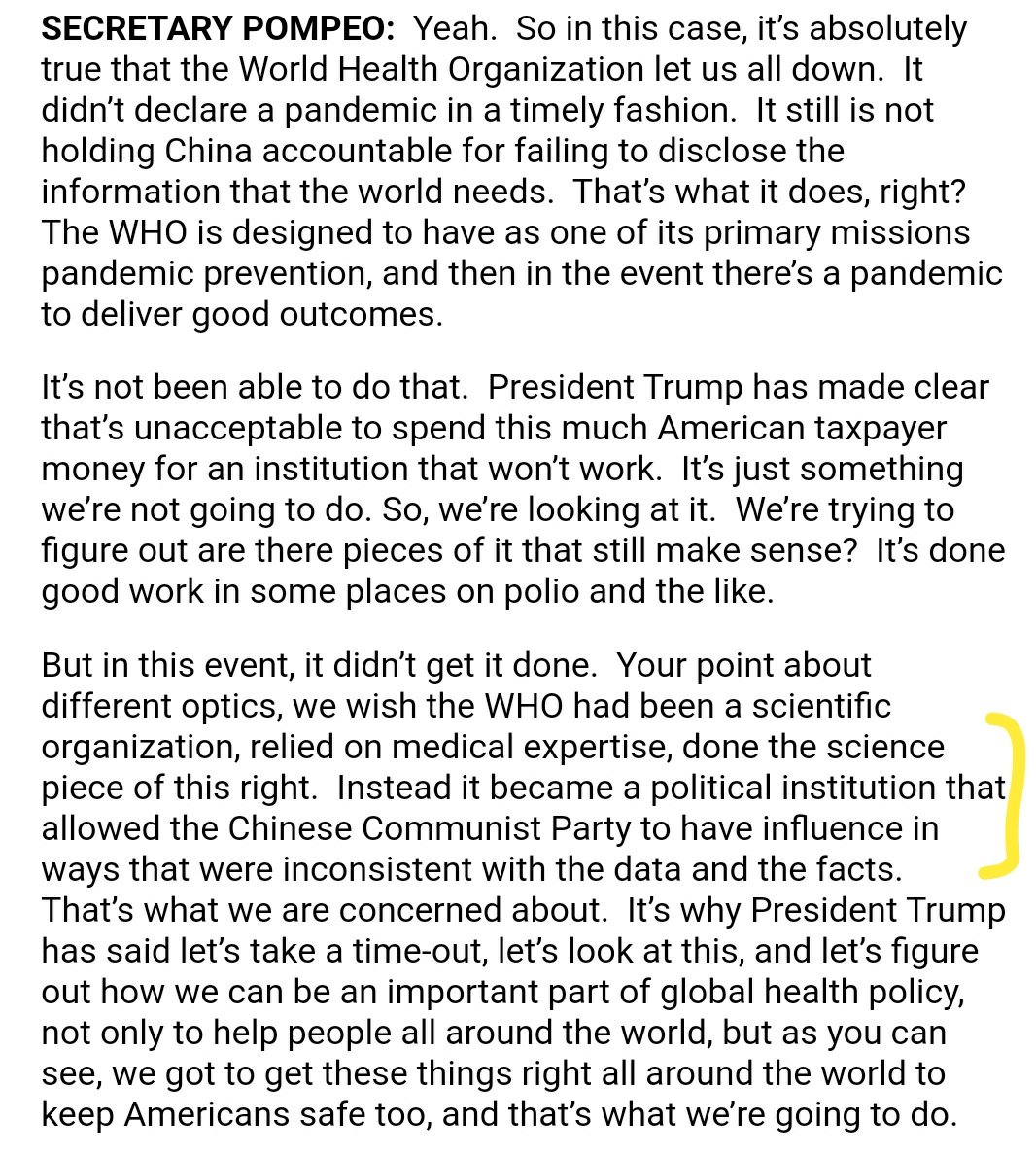 SiddiquiMaha's tweet photo. .@SecPompeo accuses @WHO of becoming a "political institution that allowed the Chinese Communist Party to have influence in ways that were inconsistent w/ the data and the facts." He said this on the @ChrisStigall show. https://t.co/cMmcCjeHvS
