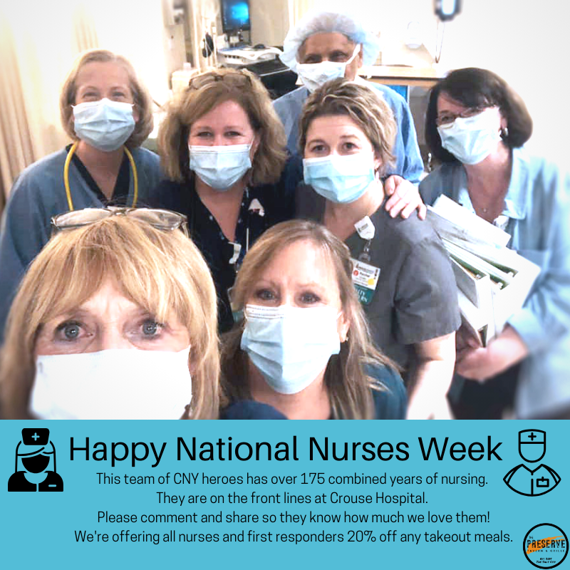 ThePreserve405's tweet photo. SALUTING CNY NURSES:  Thanks to Rachel Guido for sharing this photo of her co-workers at Crouse Hospital. This team has over 175 years of nursing experience. Let's show them the love by sharing and commenting. #syracuseheroes #crousehospital #nursesweek https://t.co/LLbbsOzuiq