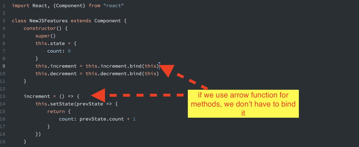 yasirhaleem's tweet image. if we use arrow method we can avoid binding, think if you have lot of methods and you have to bind every methods, it will be a lot mess.
#react #reactlearning