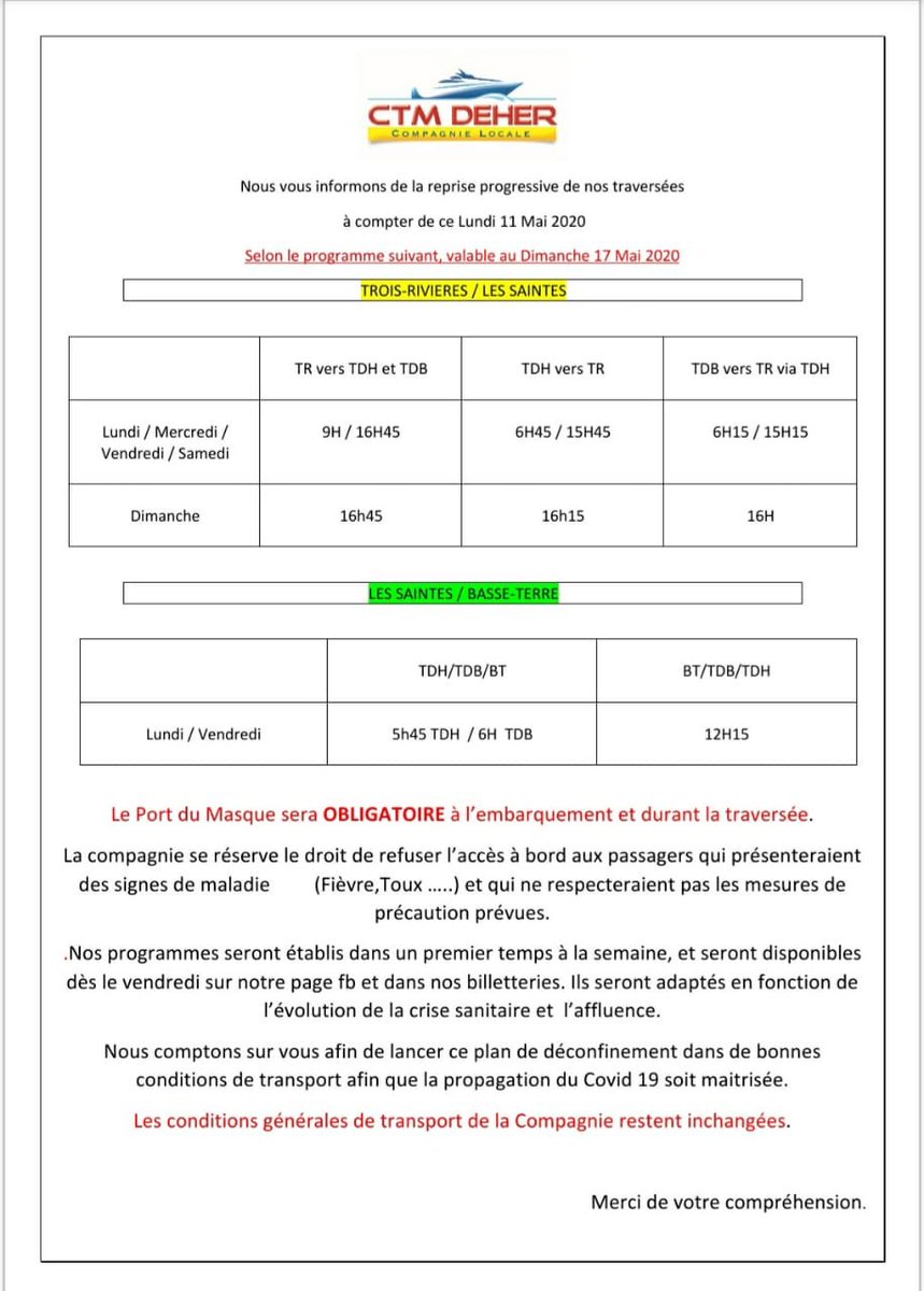 Communiqué  <a href="/ctmdeher2/">CTM DEHER</a> reprise progressive des rotations maritimes. <a href="/TerreBas/">Commune de Terre de Bas Plaisir et Tranquillité</a> <a href="/ilesGuadeloupe/">Îles de Guadeloupe</a>