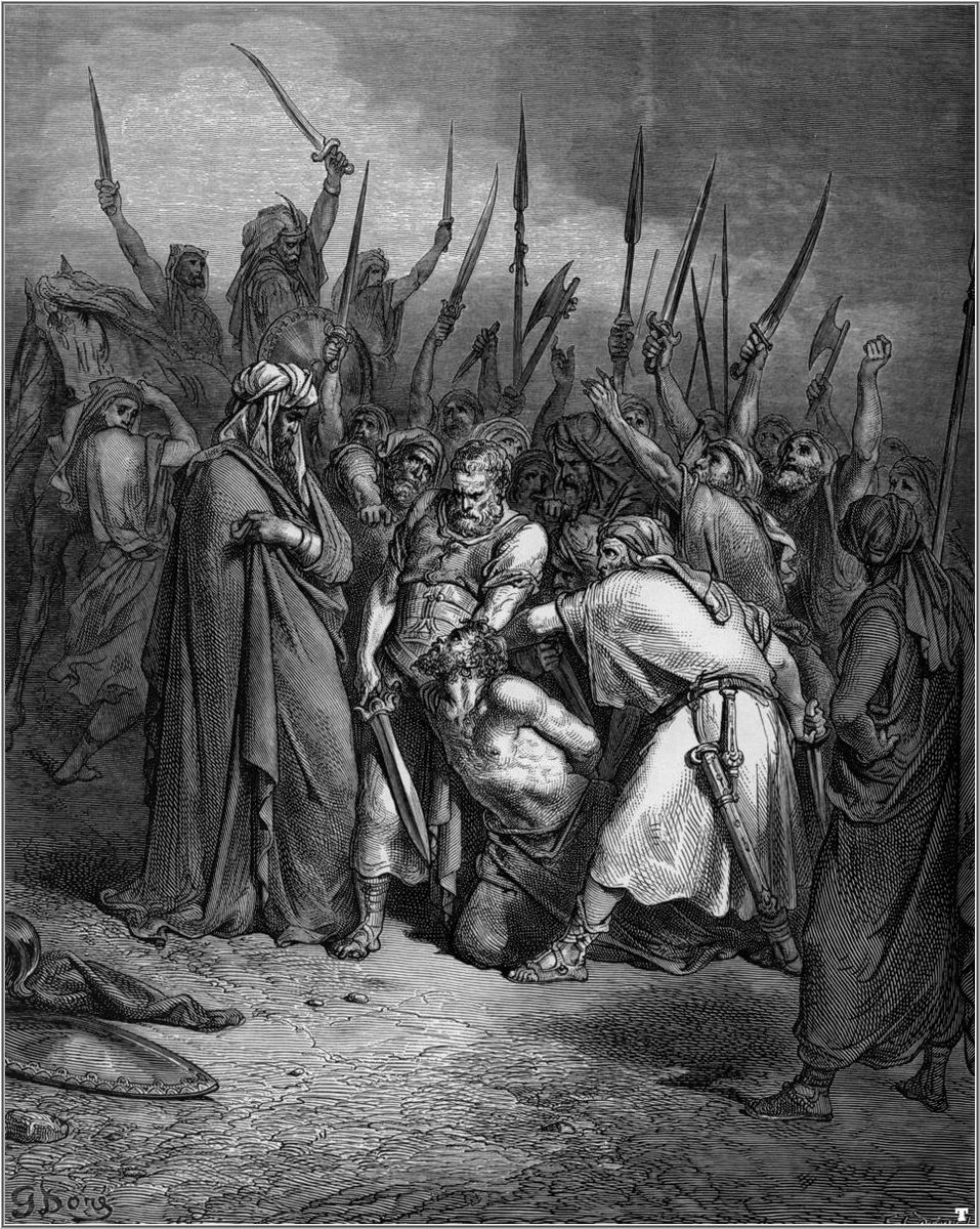 Cherem meant that all that belonged to Yahweh anyway, and Saul had just denied him his offerings. A similar offense to Achan, actually. Samuel corrects it by finishing the job. He hacks Agag to pieces at Yahweh& #39;s altar. A small plea for mercy does not move him.