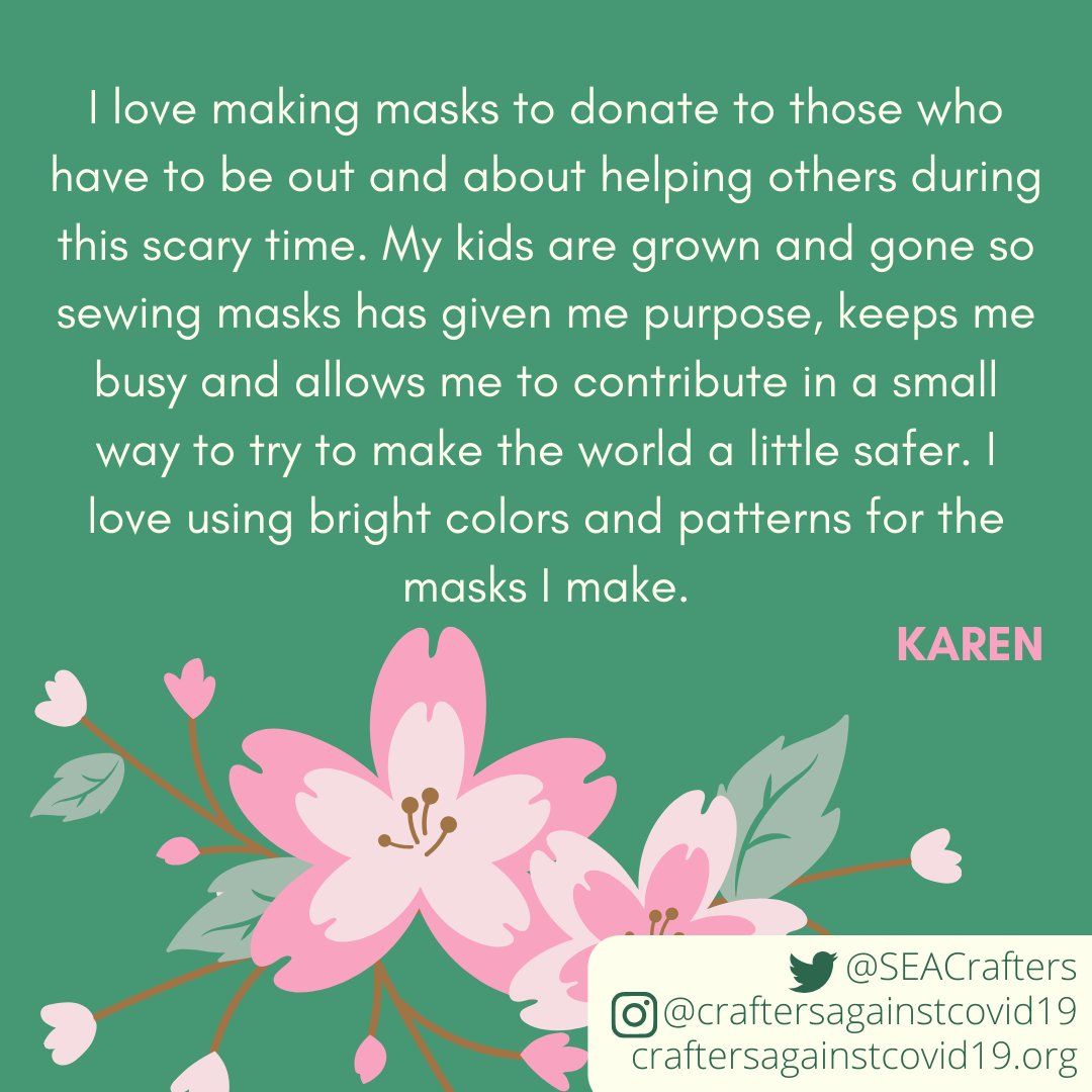 SEACrafters's tweet photo. Today in our #spotlightseries we are celebrating Karen! She has sewn over 350 masks using cheery fabric that will brighten any wearer's day. Thank you for sharing your talent with!

#craftersagainstcovid19 #appreciationpost #covid19 #masks4all #wegotthisseattle #wegotthisWA #ppe https://t.co/Ygy6MfUeMr