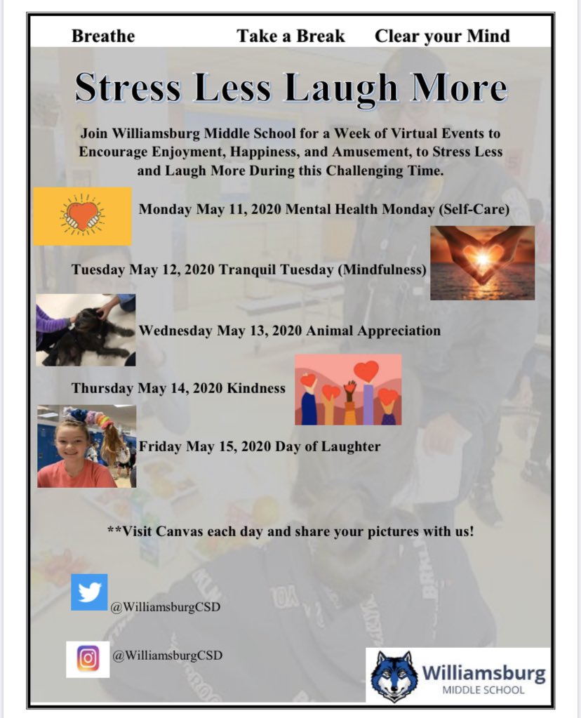 Join the WMS counseling department May 11-15, 2020 for our Stress Less Laugh More virtual event! #believein #WeAreInThisTogether <a href="/WMS_WolfPack/">WilliamsburgMS</a> <a href="/WilliamsburgCSD/">WMS Counseling Dept</a> <a href="/BoykinBryan/">Bryan Boykin</a> @wmspta2019 @WMS_Wolf_DOC <a href="/APSVirginia/">Arlington Public Schools</a>