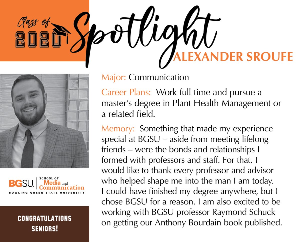 SMCBGSU's tweet photo. #BGSUSMC #GraduateSpotlight Alexander Sroufe, "Something that made my experience special at BGSU - aside from meeting lifelong friends - were the bonds and relationships I formed with professors and staff." Congratulations, Alexander! https://t.co/f6dHLE4zvi