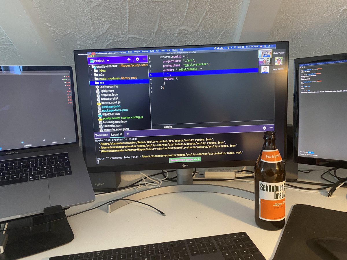 Our setting for today’s meetup is quite different but listening to <a href="/heyitsalex86/">Alexander Schuster</a> on #JamStack in #angular with <a href="/ScullyIO/">Scully</a> is great even in home office 😊