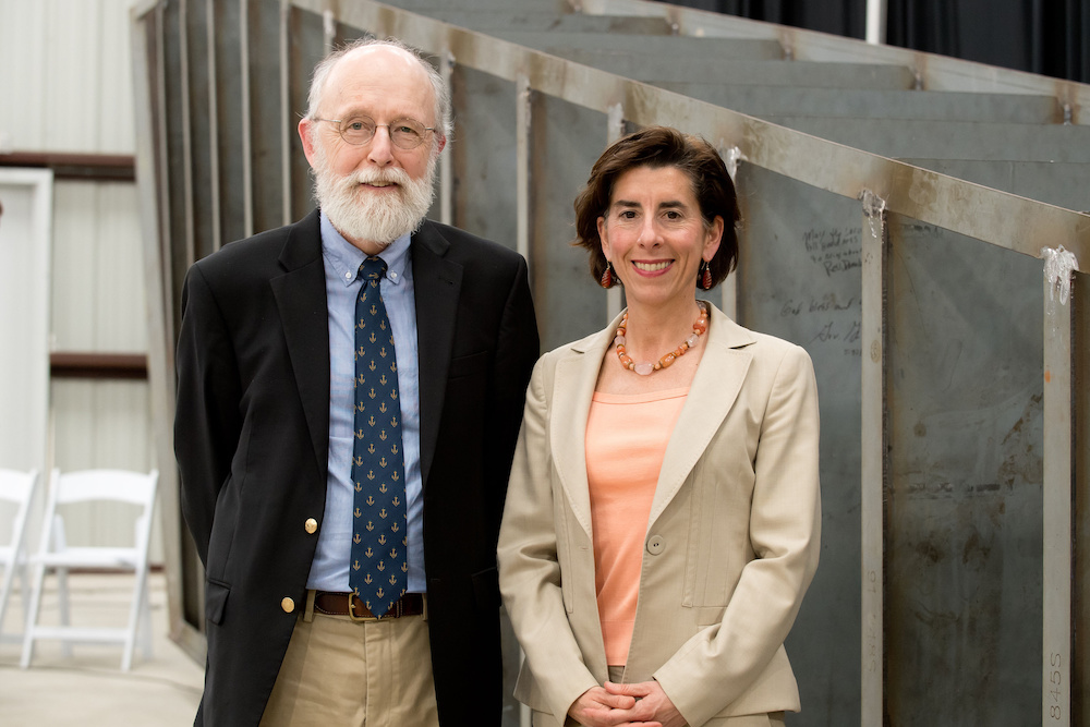 URIGSO's tweet photo. A #TBT to one year ago today for the #RVResolution keel laying ceremony, the formal start of the ship's construction. @GovRaimondo was the ship’s ceremonial sponsor, joining @universityofri #URIGSO dean Bruce Corliss. More about the Resolution: https://t.co/B5OvyLCqsp #NSFfunded https://t.co/mJL5Q6kz1t