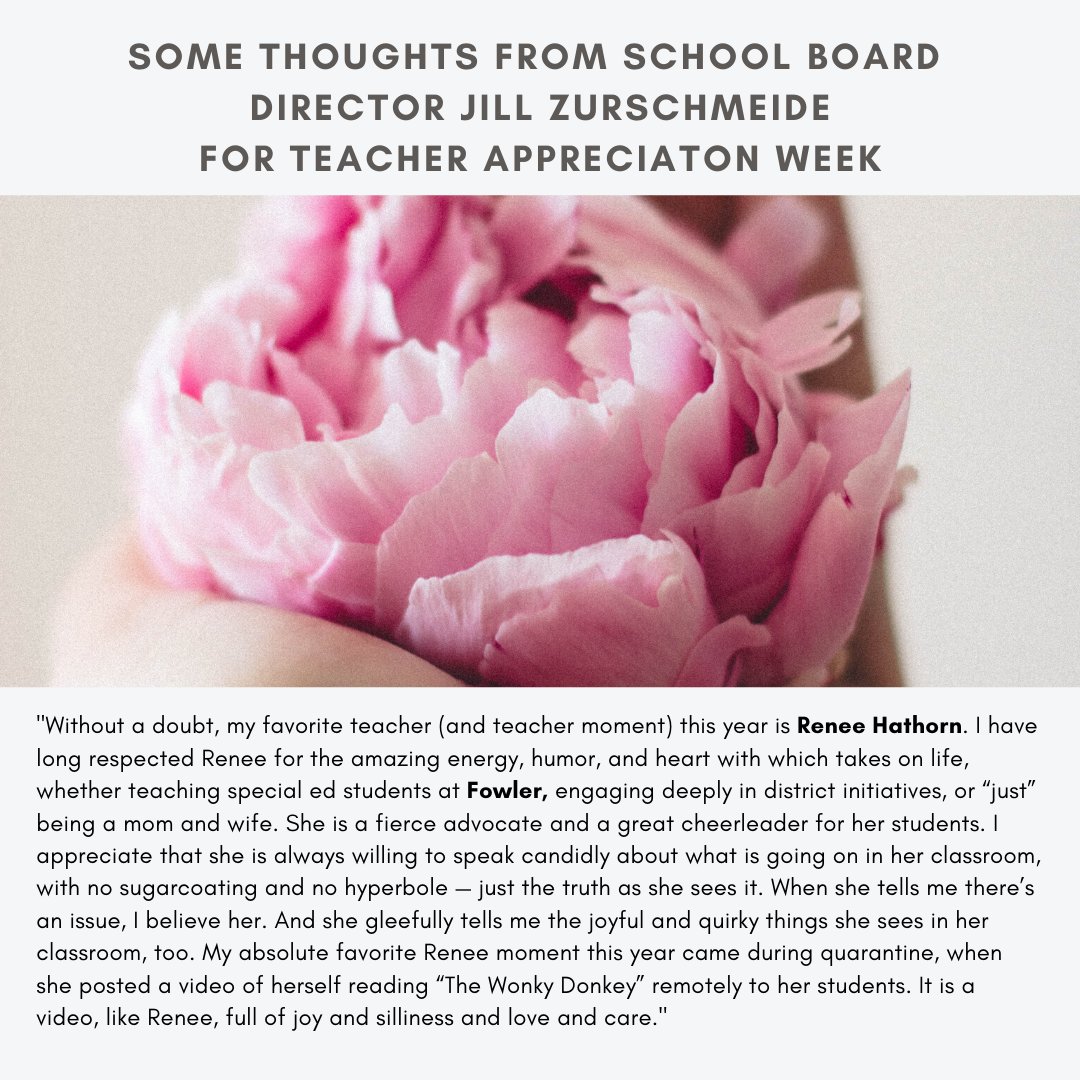 TigardTualSD's tweet photo. TTSD Teachers, special message from School Board Director Jill Zurschmeide. "without a doubt my favorite teacher (and teacher moment) this year is Fowler Teacher, Renee Hathorn." #FowlerFalcons #TeacherAppreciationWeek https://t.co/wCKmoAav9X