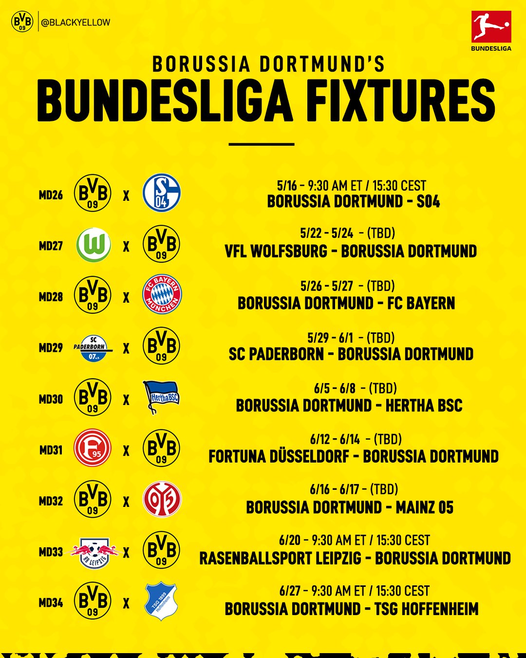 Calendrier Borussia Dortmund 2023 2024 Borussia Dortmund On Twitter: "Retweet It, Print It Out, Send It To A  Friend 📝 Here Is Our Tentative Schedule For The Remainder Of The  Bundesliga Season 🗓 Https://T.co/Lfzz2Qogh0" / Twitter