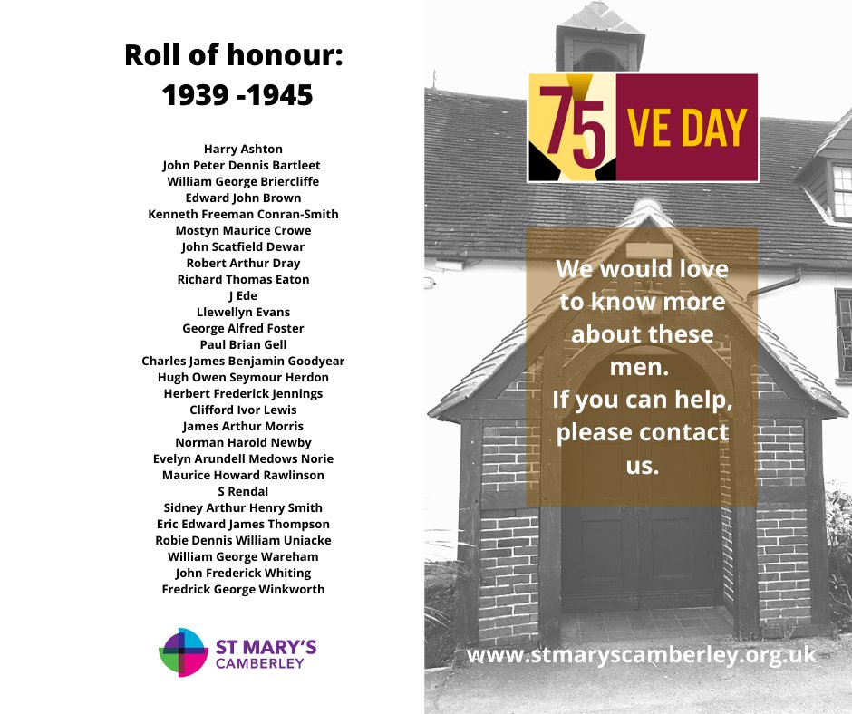We would love to know more about these men who are on our Roll of Honour at St Mary's Church, Camberley. 
Please contact us on stmaryscamberley.org.uk