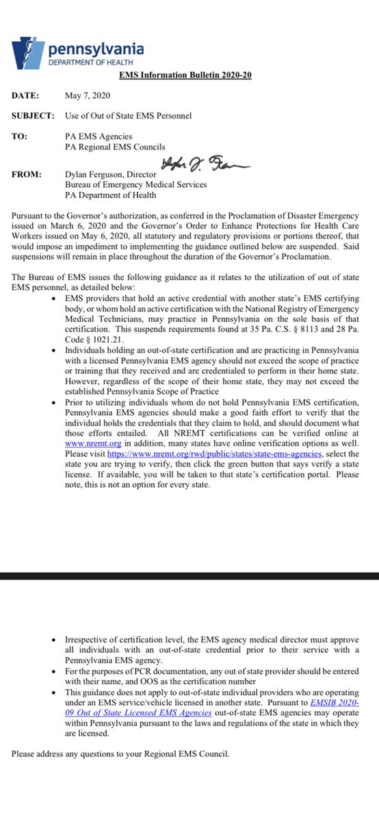 ehsfederation03's tweet photo. The Bureau of EMS has issued an EMS Informational Bulletin in regards to Out of State Providers. If you have any questions, please reach out to our office 717-774-7911 https://t.co/Jy4WqVezIL