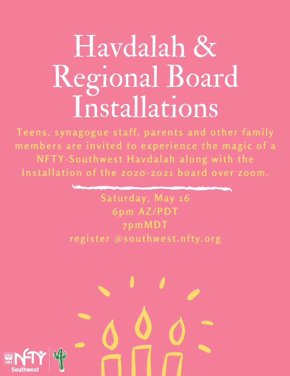 Join us Saturday, May 16th at 6pm AZ/PDT 7pm MDT for Havdalah and Installations of the 2020-2021 board.
Register at ow.ly/MAL930qE3OX