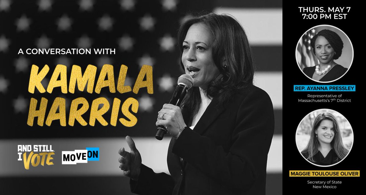 Graphic reads "A conversation with Kamala Harris" and notes that this event is taking place today at 7 p.m. ET. The graphic has a large image of senator Harris and also includes smaller images of Representative Ayanna Pressley and New Mexico Secretary of State Maggie Toulouse Oliver.