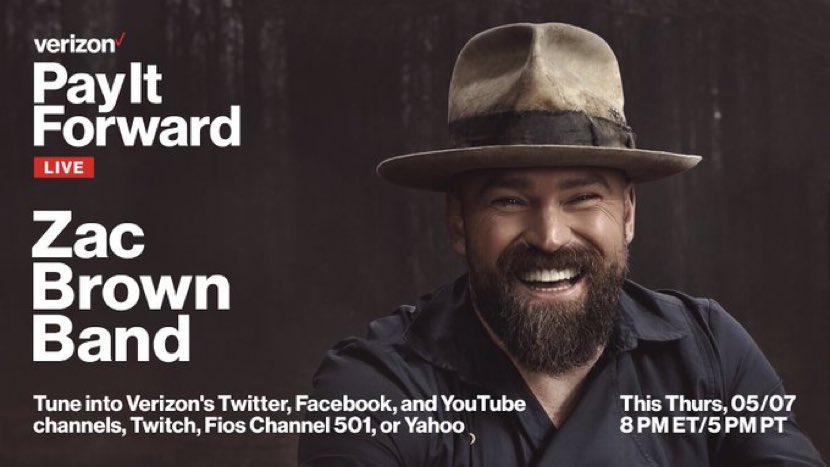 Support small business watching Zac Brown tonight. Thanks to Verizon donating $10 per share. #PayItForwardLIVE