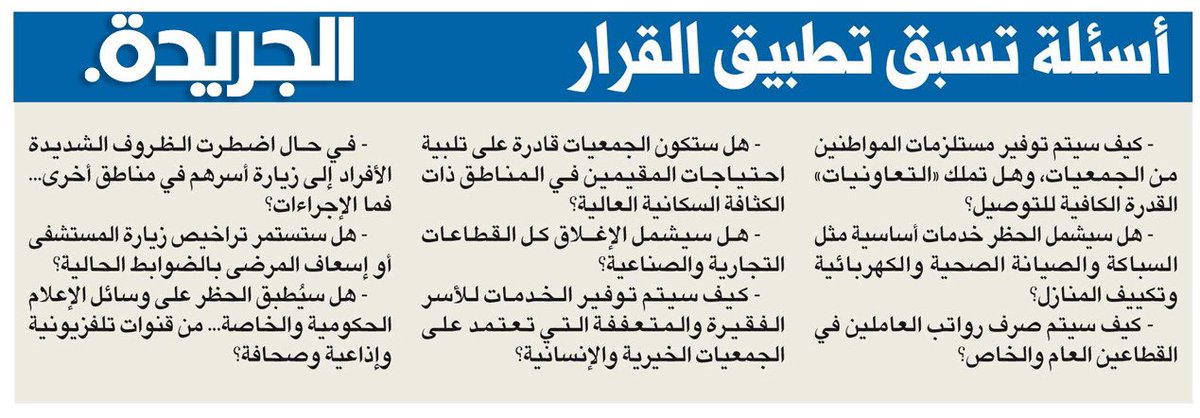 aljarida's tweet photo. أسئلة تسبق تطبيق قرار #الحظر_الكلي 
https://t.co/lkQqO8QFRl https://t.co/EAahXuXJGU