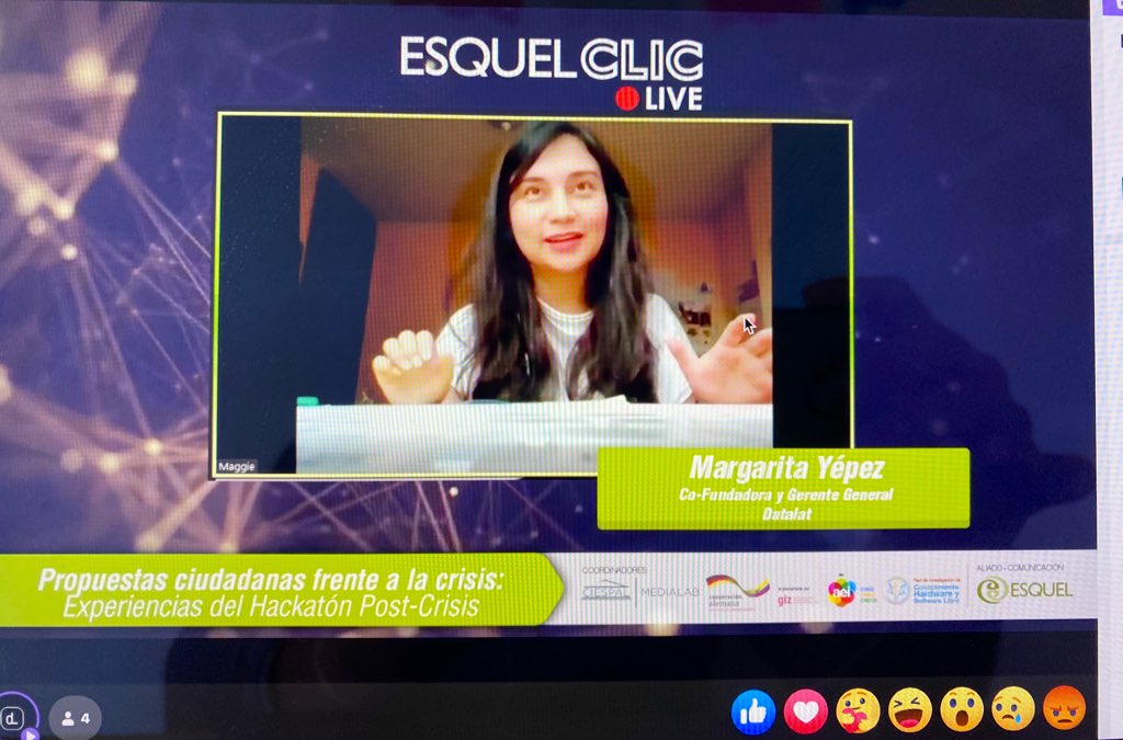 datalat's tweet photo. @maggsvy resalta la importancia de contar con comunidades digitales y del ecosistema local de innovación que han sido activas para el #HackathonPostCrisis https://t.co/AULweGapv4 @MedialabCIESPAL @FundacionEsquel https://t.co/JyJjUUBqnO