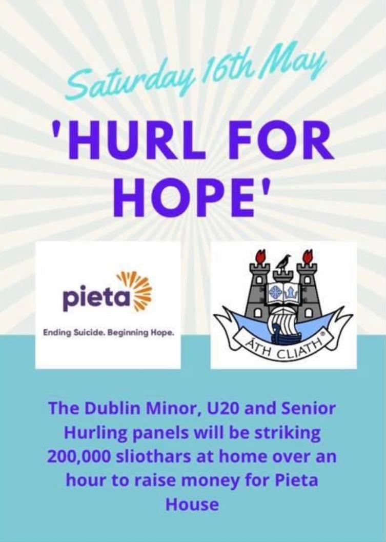 DubGAAOfficial's tweet photo. The Dublin Minor, U20 &amp; Senior hurling panels will be taking part in “Hurl for Hope” on Saturday week in aid of the @PietaHouse #DIL2020 campaign 💙

👉 https://t.co/0FNnYhsoBk https://t.co/Tixf0usJkZ