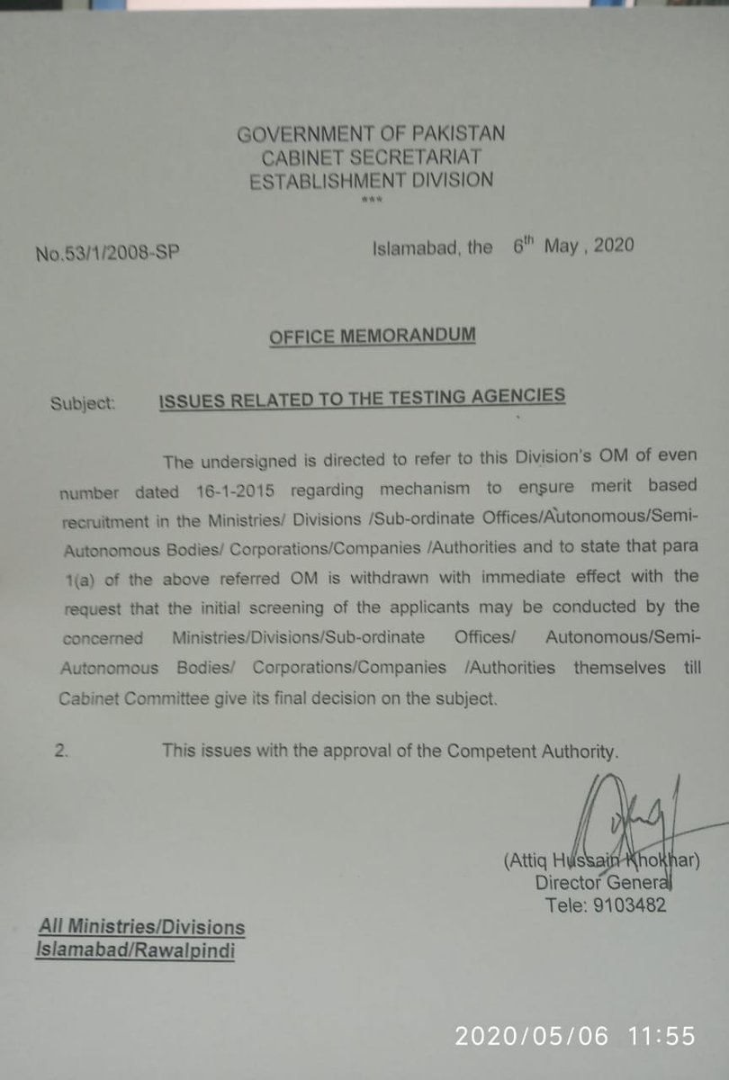 jaadil_pk's tweet image. Outsourcing initial screening of applicants(OM # F.53/1/2008-SP dated 16-01-2015) is withdrawn and ball is back in the court. Outsourcing basic function of a department is questionable. @tamboli786 @Pansota1 @chughtae @taimur_malik @AajKamranKhan #gop #testingservice #cabinet