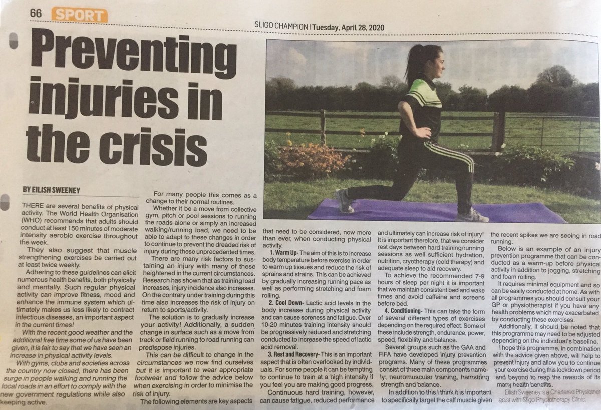 eilish_sweeney's tweet photo. Some of my injury prevention tips and exercises featured in last weeks @SligoChampion
@sligophysio 
@_ISCP_ 
#injuryprevention #COVID19 https://t.co/1vAEL8Nx2l