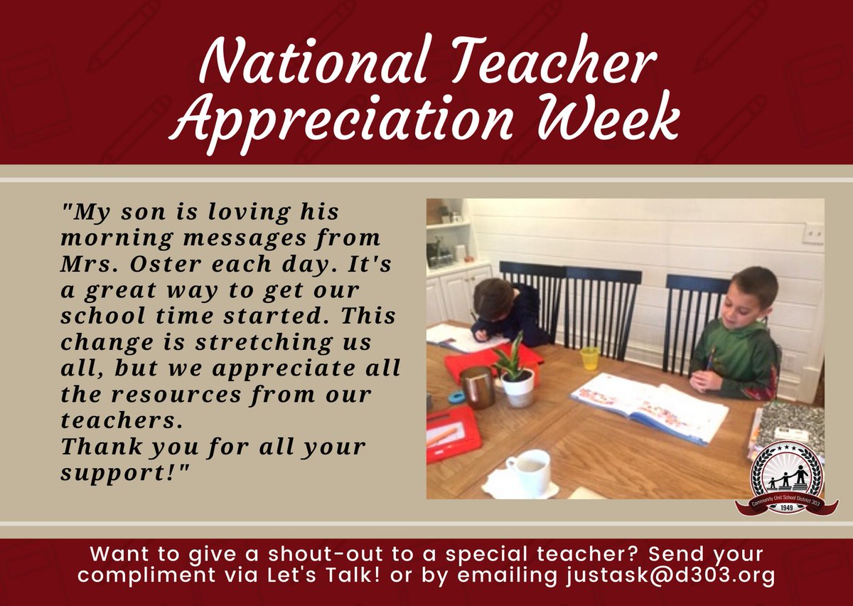 Help us celebrate National Teacher Appreciation Week and share a compliment about your favorite teacher along with a photo. Email JustAsk@d303.org or visit Let's Talk!  
Shout-out to Mrs. Oster from a Davis parent.😊 <a href="/Davis_RichD303/">Davis / Richmond</a> #QualityStaff #TeacherAppreciationWeek