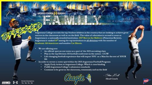 Blessed to announce I’ve received an offer from Augustana!! Thank you <a href="/Coach19Bell/">Stephen Bell</a>

<a href="/DeepDishFB/">DEEP DISH FOOTBALL</a> <a href="/EDGYTIM/">Timothy “EDGYTIM” OHalloran</a> <a href="/CoachBigPete/">Peter "Coach Big Pete" Leinweber</a> <a href="/MarmionAD/">Marmion Athletics</a>