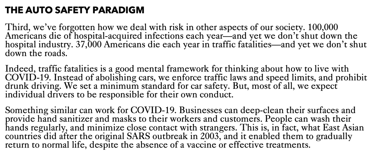 So yesterday, I spoke at a roundtable hosted by the Senate Homeland Security & Governmental Affairs committee, at which I talked about how we can reopen the economy even if we can't develop an effective treatment or vaccine, using traffic fatalities as a paradigm. I said: