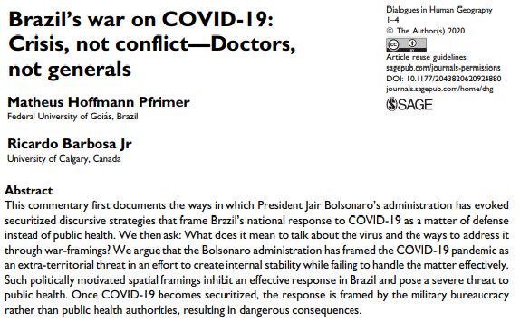 ribarbosajr's tweet photo. @MPfrimer and I explore what it means to talk about the #virus and #pandemic response as #war instead of #PublicHealth; #Bolsonaro benefits from securitizing #COVID19 in #Brazil by depicting 'war abroad' to project 'internal stability at home' @DialoguesHG https://t.co/5NLvS1a1tW https://t.co/bkAmVcbeO6
