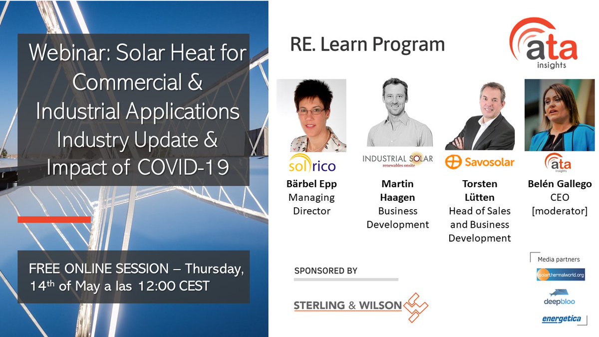 Free online session, Thursday, 14 May, 12.00 CEST: #SolarHeat for Commercial & Industrial Applications with @solarthermal @IndustrialSolar @Belengallego and yours truly @Savosolar. 
See you there for a lively chat!
@HeatChangers @solnetz @Solarserver  @AustriaSolar @SolarHeat_EU