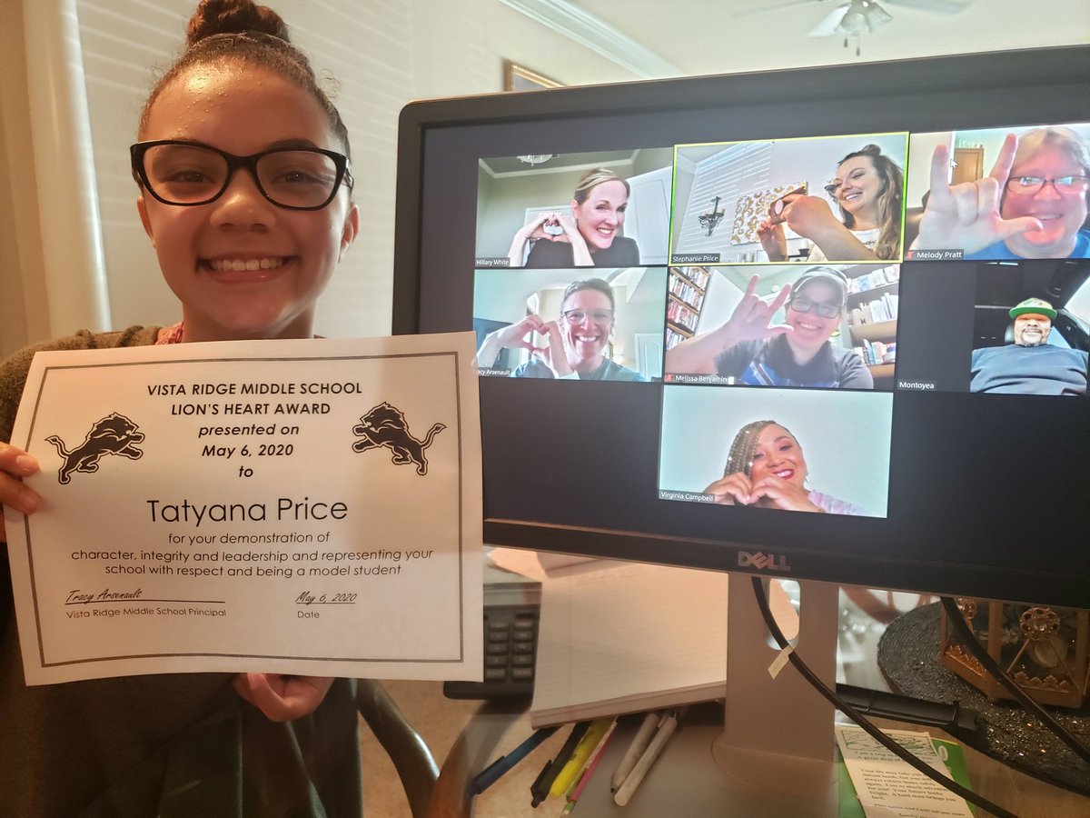 VistaRidgeMS's tweet photo. Congratulations Tatyana Price! She was a recipient of the Feb Lion's Heart Awrds for character & leadership! She missed awards day, so we made a virtual visit today! We miss you and are so proud of you Tatyana! #vrmsintentional #celebratekisd https://t.co/MU13K2xtV2