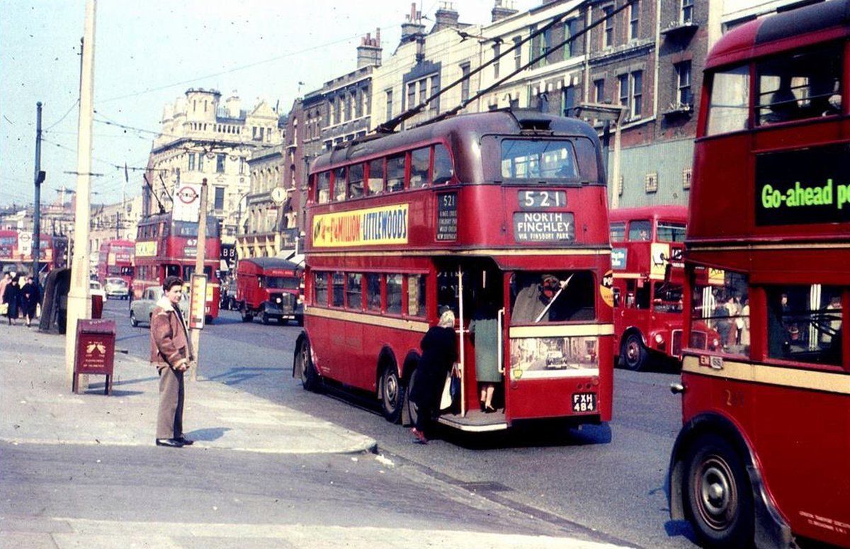 A burst of colour from Holloway Road in the 1960’s. The Nags Head can be seen just behind the bus sign.