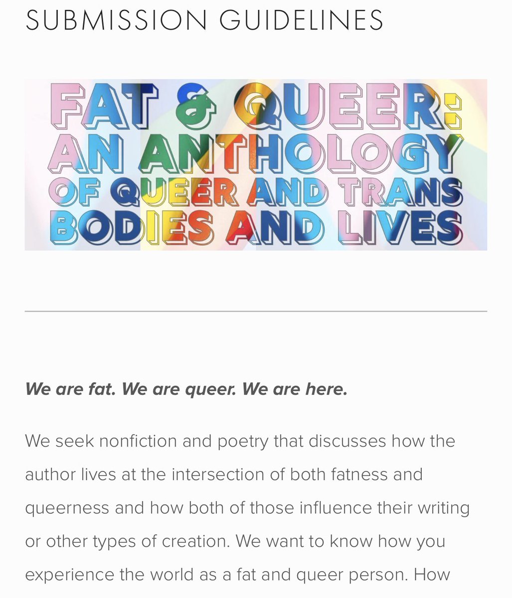 Hey fat &amp; queer writers! If you submitted a piece to us, we’ll be sending out responses soon. If you haven’t submitted yet, there’s still time! Submission details at our website. fatandqueer.com/submissions
