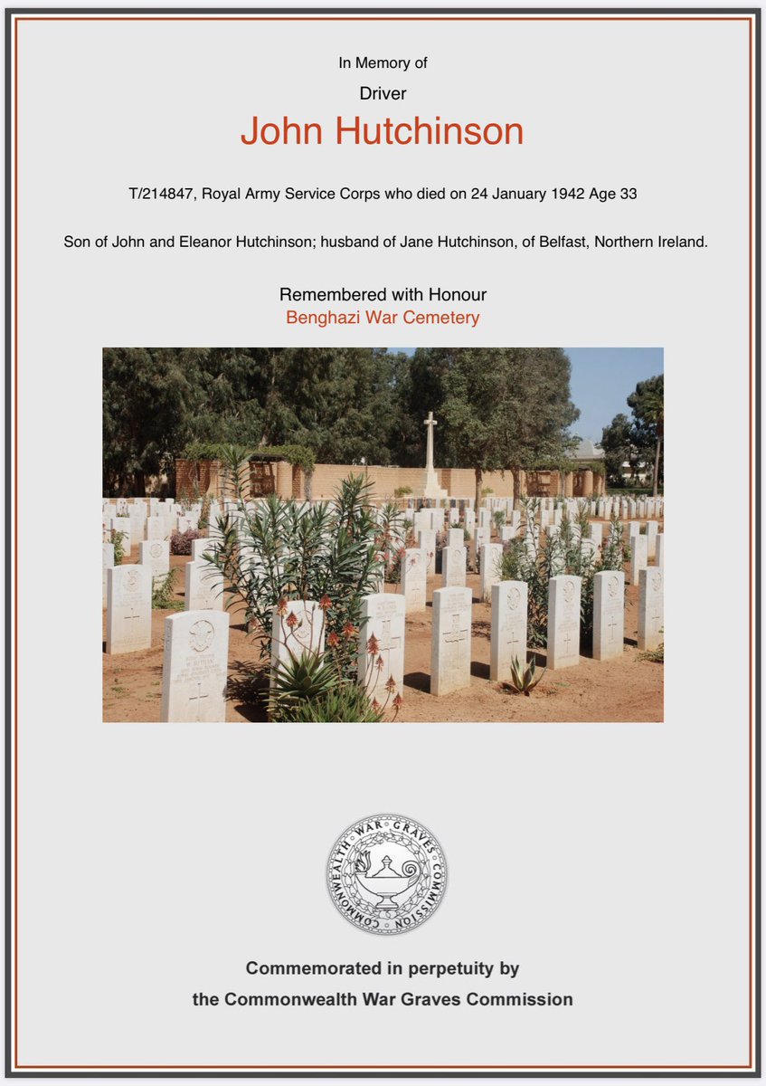 easticus's tweet image. Remembering Dvr John Hutchinson RASC who was killed in action in January 1942 and buried at Benghazi @CWGC #shareyourtribute. Always remembered