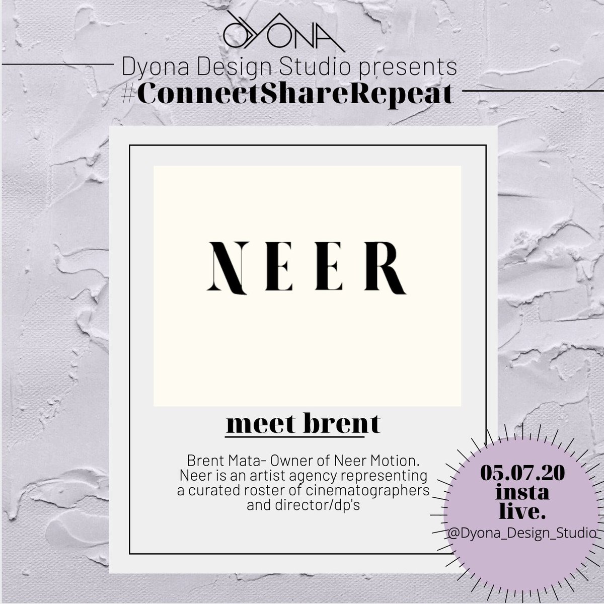 Dyona_W's tweet photo. Today on #connectsharerpeat, Brent Mata. An accomplished Cinematographer &amp; Founder / Partner at NEER. 

Tune in today at 2pm CST on instagram. https://t.co/cKb3hLRspg

#cinematography #cinematographer #filmmaker #smallbusinessowner #smallbusinessstrong https://t.co/z3NEImMS1I