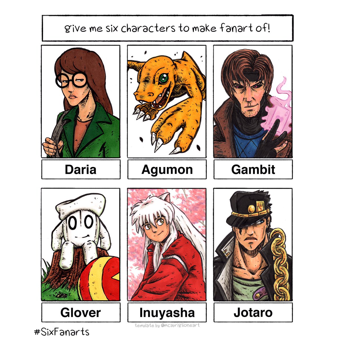 PLajud's tweet photo. First round of the Six Fanarts Challenge! Please follow me on IG:@ plajud #sixfanartchallenge #SixFanarts #6fanarts #6fanartschallenge #sixfanart #daria #agumon #gambit #glover64 #inuyasha #Jotaro #digimon https://t.co/V6PPV0iAqk