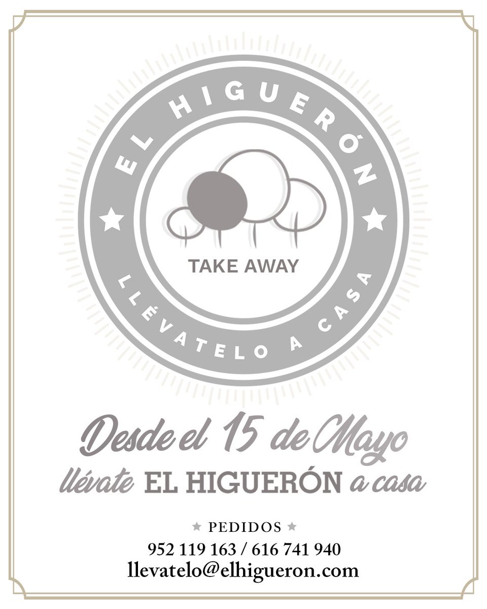 Llévate El Higuerón a casa.
Desde el 15 de Mayo puedes hacer tu pedido y llevártelo a casa.
El Higuerón #takeaway para que disfrutes lo mejor de nuestra cocina.