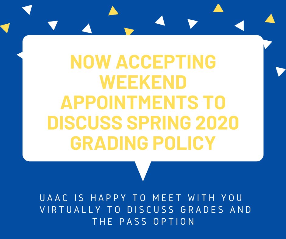SuffolkUAAC's tweet photo. UAAC is opening weekend appointments to discuss the Spring 2020 Grading Policy. If you would like to make an appointment, please call 617-573-8034 or visit us online (https://t.co/tU8AxkOADR). When selecting your appointment reason, please select "Spring 2020 Grading Policy". https://t.co/S7irzGyyrC