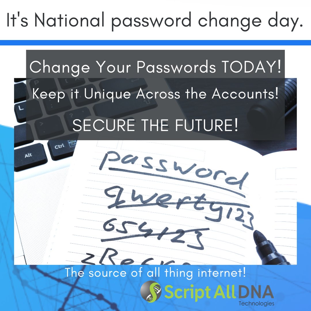 scriptalldnatec's tweet photo. Happy World Password Day!

Keeping the same password for more than 60 days may become dangerous than COVID19 for you accounts!

Change your Pa**word! TODAY and Keep it changing frequently!

STAY SAFE! https://t.co/iOFudtGFL0